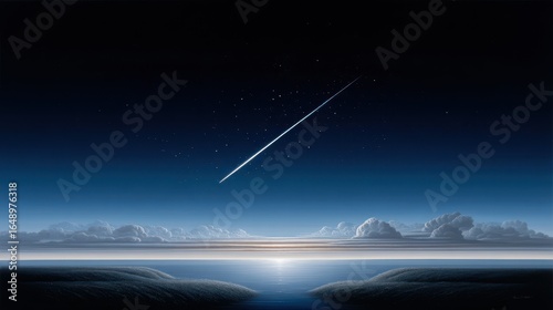 A stunning meteor streaking across a twilight sky above calm waters.