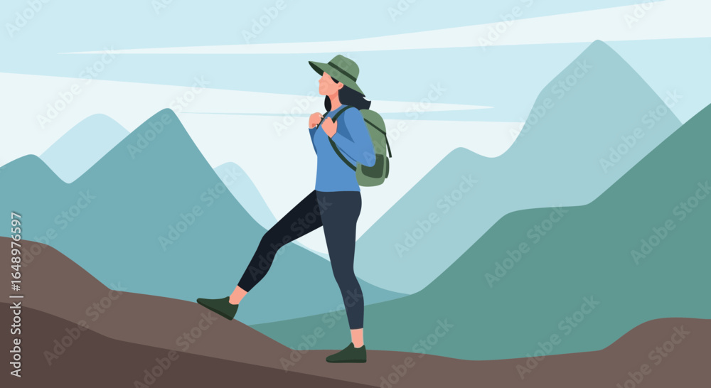 Obraz premium Female Hiker Ascending a Mountain with Backpack and Hat on Outdoor Adventure