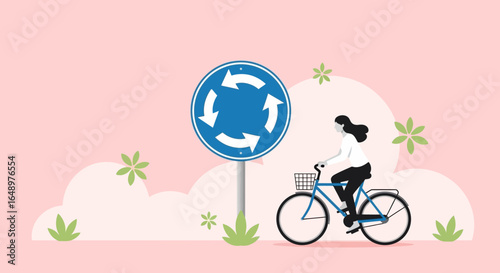 Female Cyclist Approaching A Traffic Roundabout Sign On A Pink Background