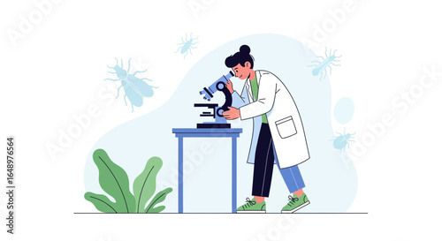 Female Entomologist Conducts Research Examining Insects Through a Microscope