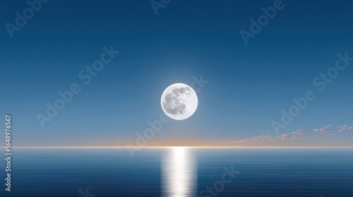 A breathtaking full moon reflects on a serene ocean at twilight.