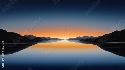 Serene sunset over calm waters reflecting vibrant colors and silhouettes of distant hills.