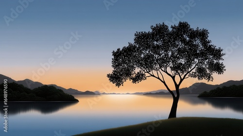 Silhouette of a tree against a tranquil lake at sunset.