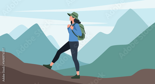 Female Hiker Ascending a Mountain with Backpack and Hat on Outdoor Adventure