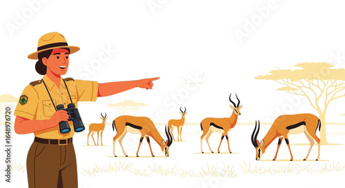 Female Ranger Points Out Grazing Antelopes in African Savannah Scenery