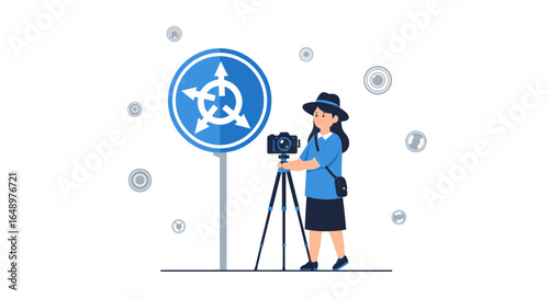 Female Photographer Capturing Road Directional Signage With a Tripod Camera