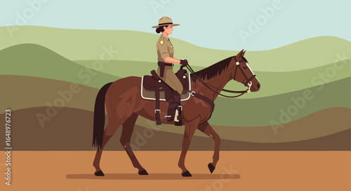 Female Ranger On Horseback Patrol In A Natural Landscape Scene