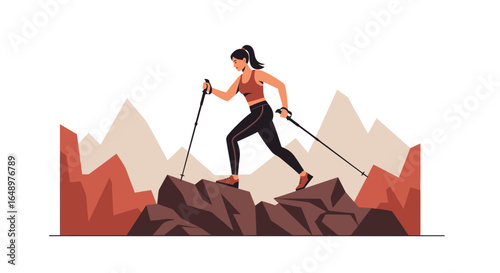 Female Trekker Ascending Mountain Peaks with Trekking Poles Illustration