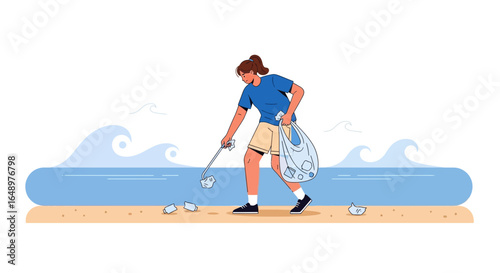 Female volunteer diligently cleaning up beach plastic and garbage illustration