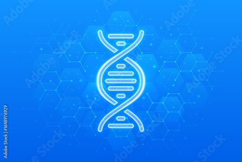 DNA sequence icon. DNA strand. Molecular structure of DNA. Genetic code. Concept of genetics, biotechnology, medical science. Abstract blue medical background with hexagons. Vector illustration.