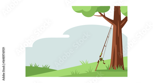 Fishing Rod Against A Tree On A Green Hillside In A Minimalist Style