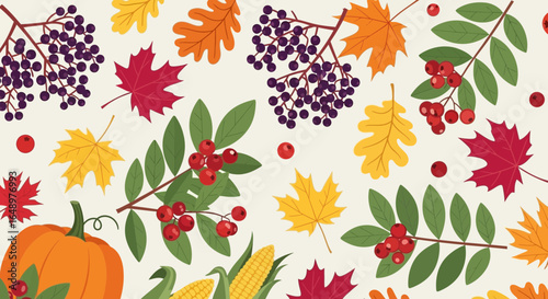 Festive Autumnal Harvest Bounty With Pumpkins Berries And Colorful Foliage Design