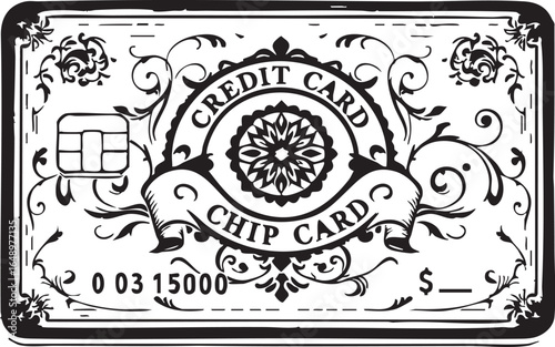 Ornate Credit Card Icon Vector – Black and White Line Drawing with Floral Details, Chip, and Banner for Finance and E-Commerce Design