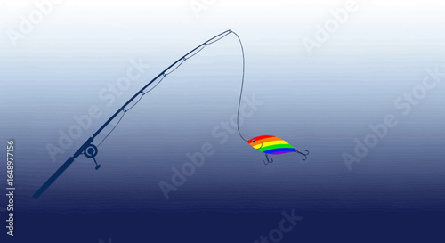 Fishing Rod With Rainbow Lure In Gradient Blue Water Background Illustration