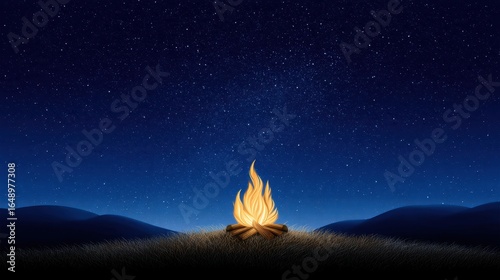 A glowing campfire under a starry night sky.
