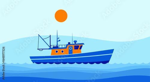 Fishing Vessel At Sea Under The Hot Sun Illustration Vector Art
