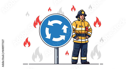 Firefighter And Roundabout Sign Amidst Digital Flames A Hazard Illustration