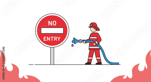 Firefighter Extinguishing Flames Near No Entry Sign, Symbolizing Restriction