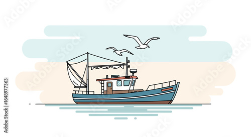 Fishing Vessel Floating on the Water With Birds in Minimalist Line Art Style