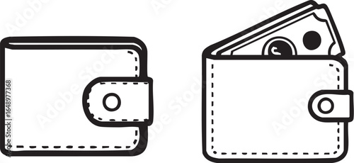 Wallet Icon Vector – Black and White Line Drawing of Closed and Open Wallet with Money, Minimalist Financial and Shopping Design