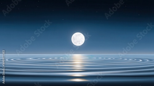 A serene full moon reflects on calm water, creating ripples under a starry night sky.