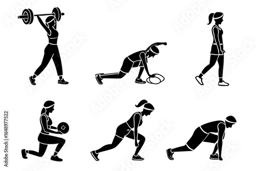 Set of female fitness silhouettes performing various exercises