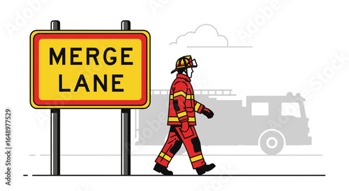 Firefighter Walking In The Street With Merge Lane Sign And Firetruck Silhouette
