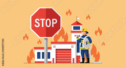 Firefighter Responding Urgently For Emergency With Building On Fire Illustration