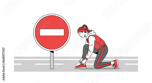 Fitness Pursuit Despite Obstacles Woman's Determination Against Prohibition Sign