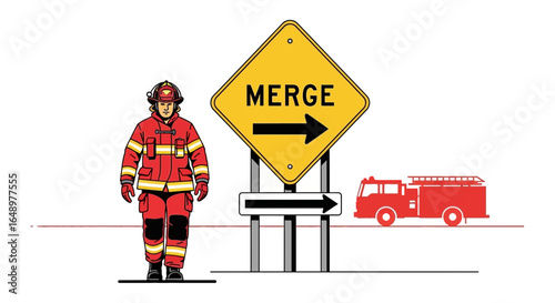 Firefighter Stands Beside Merge Sign with Firetruck in the Background