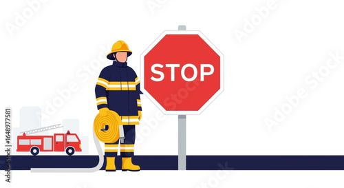 Firefighter With Hose Stand Near Stop Sign Illustration For Safety Campaign