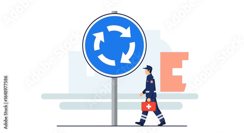First Aid Provider Near the Traffic Roundabout Ready to Support Commuters