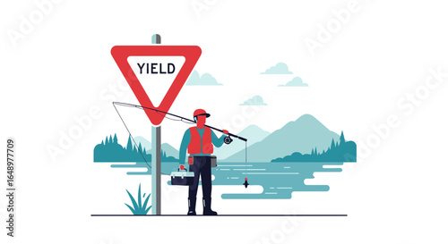 Fisherman At A Yield Sign Ready To Fish In An Atmospheric Landscape
