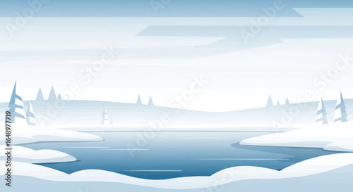 Flat Design Winter Landscape Scene with Frozen Lake And Snow Hills