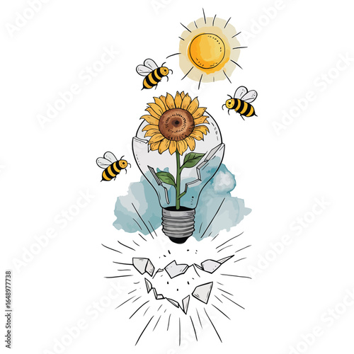 A sunflower and bees bring hope above a shattered world, a climate change concept vector illustration design