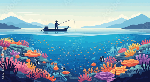 Fisherman At Sea With Vibrant Coral Reefs Underwater Illustration