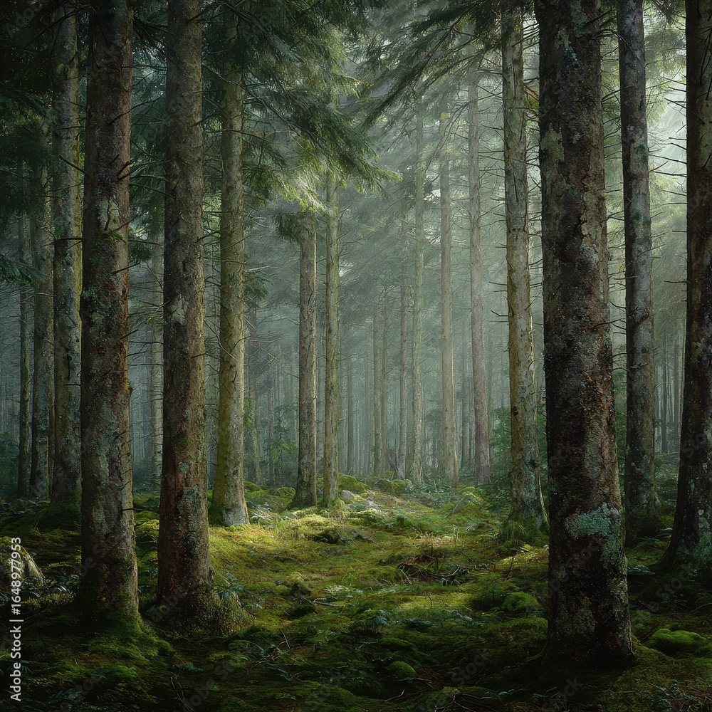 Obraz premium Sunlit Misty Forest Path, Green Moss, Tranquil Nature Scene, Wallpaper