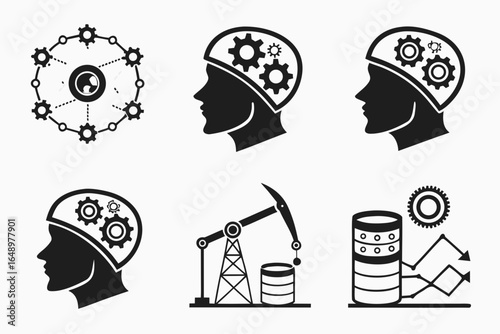 Set of icons representing industry technology and human mind