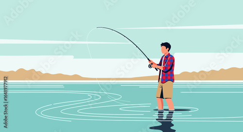 Fisherman Casting Line Angling In Tranquil Water With Rod Summer Activity
