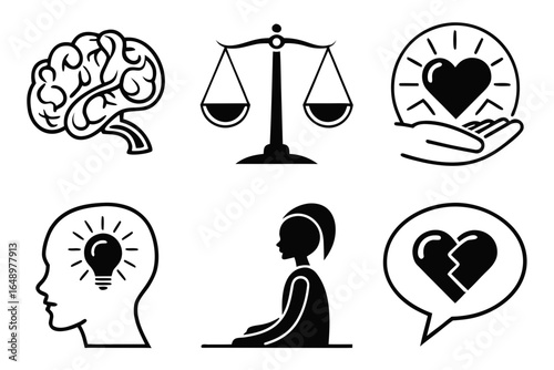 Set of conceptual icons representing mind justice care idea learning and heartbreak