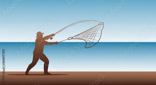 Fisherman Casting Line For Fly Fishing At Seaside Recreational Sport