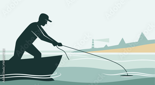 Fisherman Casting Line From Boat Minimalist Design Near Seaside Scenery
