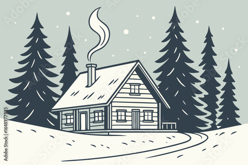 Cozy cabin in the snowy woods with smoke rising from the chimney, modern flat illustration style