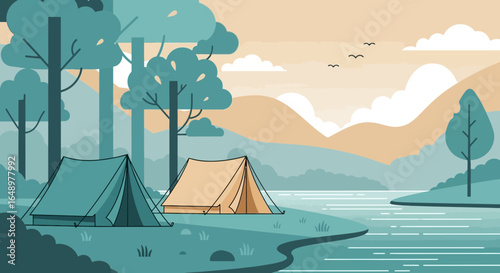 Flat Vector Landscape Of Camping Site Near Lake With Mountains And Forest
