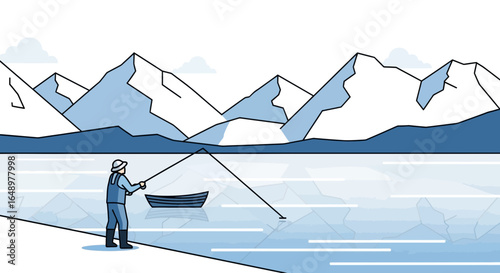 Fisherman Casting Line On Mountain Lake Scene Outdoor Nature Enjoying Tranquility