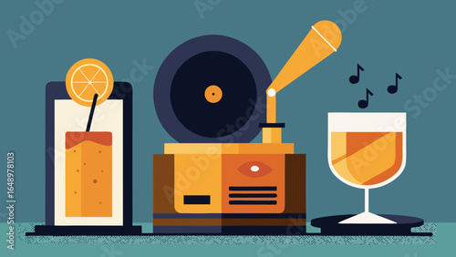 Whiskey sour cocktail beside vintage microphone and record player creating nostalgic jazz night vibe