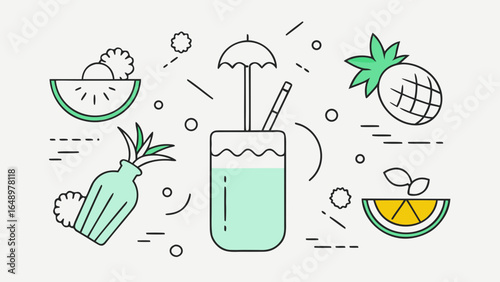 Tropical summer drink with umbrella and straw surrounded by fruits in minimal line art style