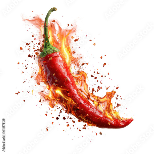 A fiery chili pepper with flames and smoke against a black backdrop, highlighting its intense heat, isolated on transparent background