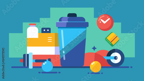 Fitness shaker bottle with supplements, dumbbells, and gym gear in colorful modern flat style