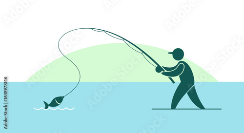 Fisherman Casting Rod Silhouette on Water With Fish Hooked at The End